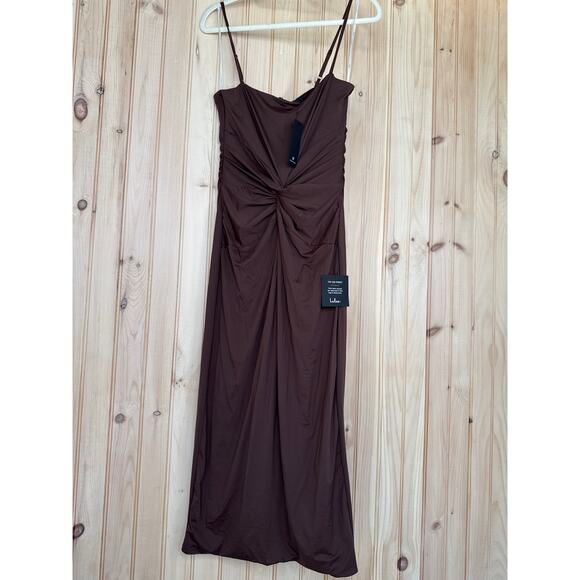 NWT Lulus Mesmerizing Reputation Brown Twist-Front Bodycon Midi Dress Cocktail L - Picture 2 of 8